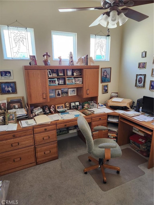 office with ceiling fan and carpet flooring