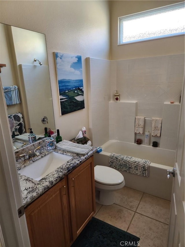 full bathroom featuring toilet, shower / bath combination, tile patterned floors, and vanity