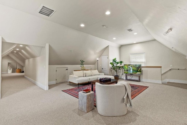 living room featuring light carpet and lofted ceiling