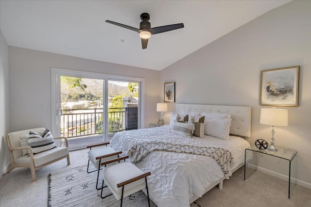 bedroom featuring vaulted ceiling, light carpet, access to exterior, and ceiling fan