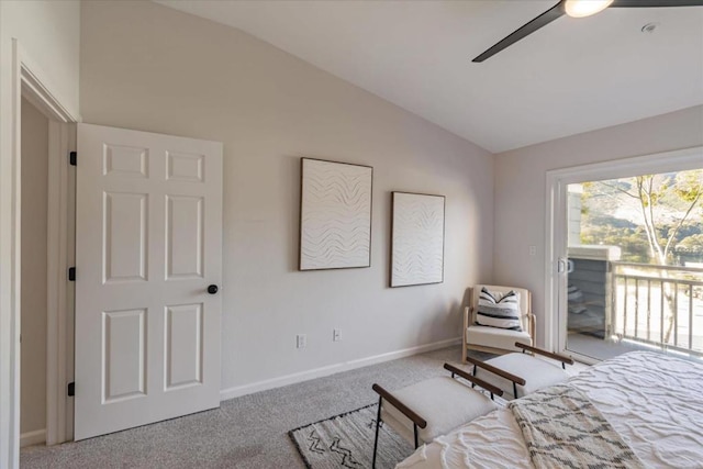 bedroom with light colored carpet, ceiling fan, vaulted ceiling, and access to outside