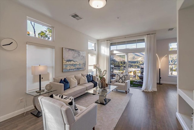 living room with dark hardwood / wood-style floors, a high ceiling, and a wealth of natural light