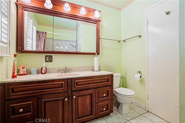 bathroom featuring toilet, vanity, tile patterned floors, and a shower with curtain