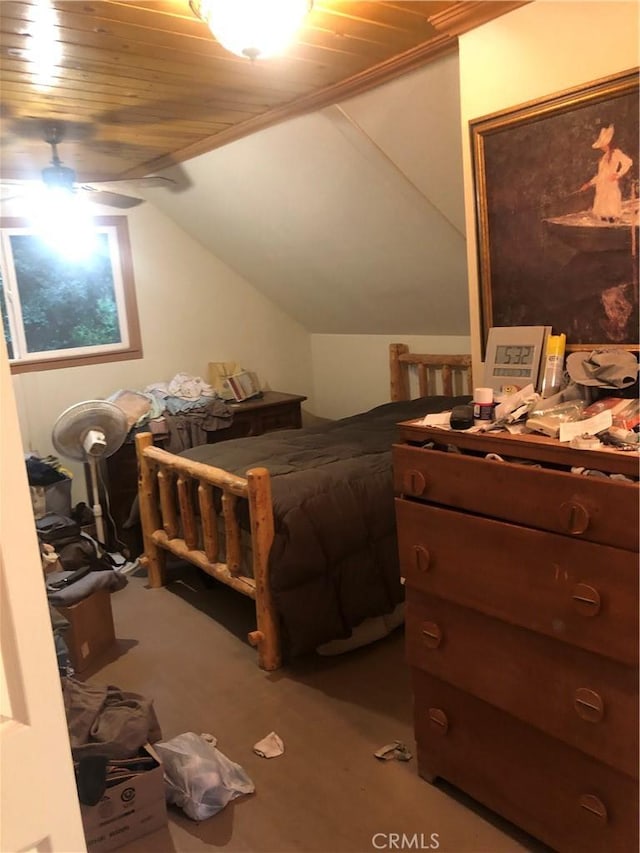 bedroom with vaulted ceiling, ceiling fan, and wooden ceiling