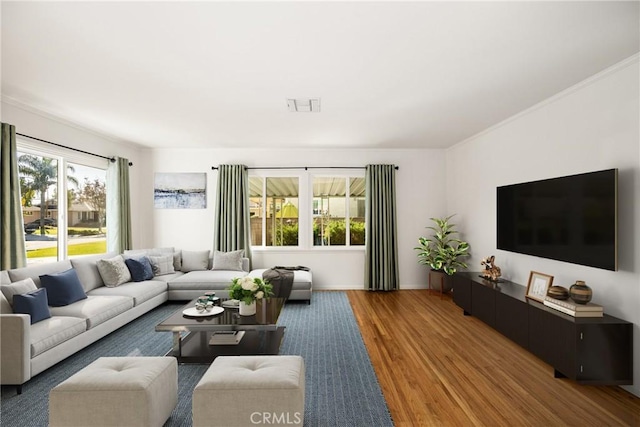 living room with ornamental molding and wood-type flooring