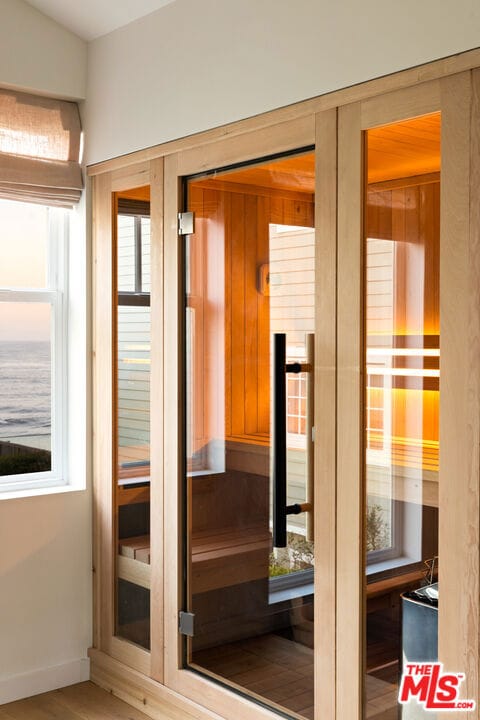 view of sauna featuring hardwood / wood-style floors