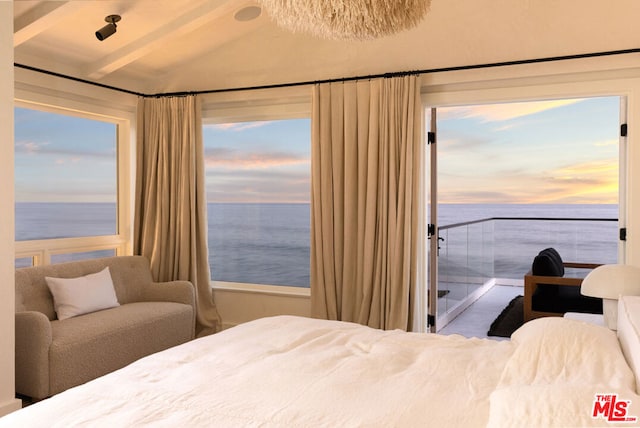 bedroom featuring a water view