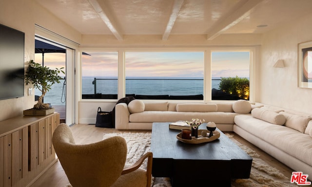 sunroom with beamed ceiling and a water view