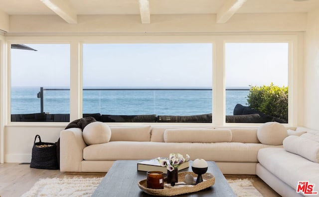 living room with beam ceiling, light hardwood / wood-style floors, plenty of natural light, and a water view