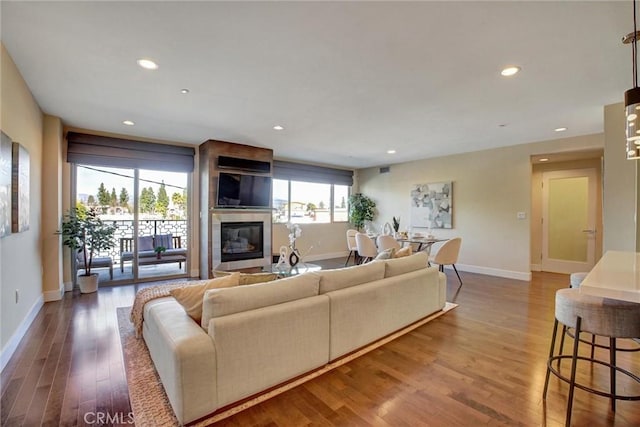 living room featuring baseboards, wood finished floors, and recessed lighting