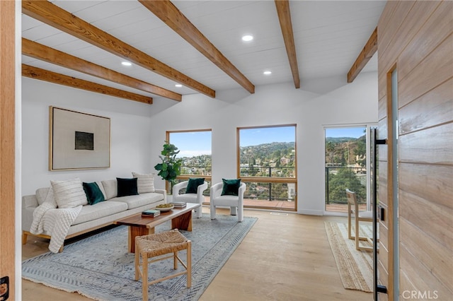 living room featuring light hardwood / wood-style flooring and beamed ceiling