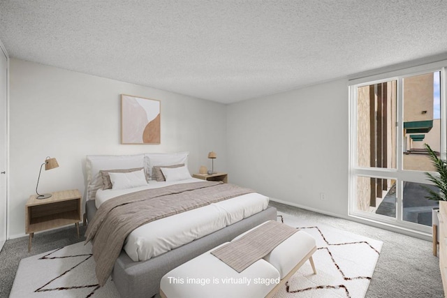 bedroom with carpet flooring, baseboards, and a textured ceiling