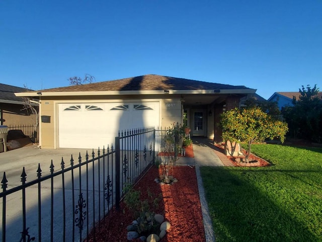 single story home featuring a front yard and a garage