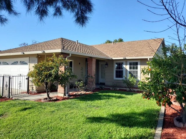 ranch-style house featuring a front yard and a garage