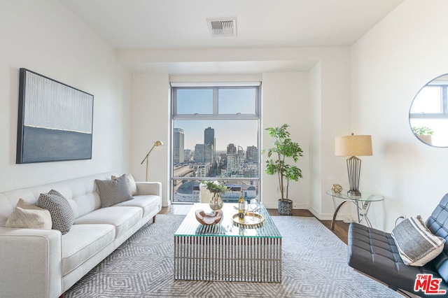 living room featuring plenty of natural light and hardwood / wood-style flooring