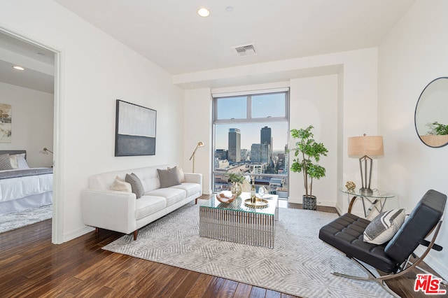 living room with dark hardwood / wood-style flooring