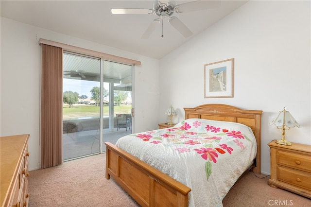 bedroom with ceiling fan, lofted ceiling, light carpet, and access to outside