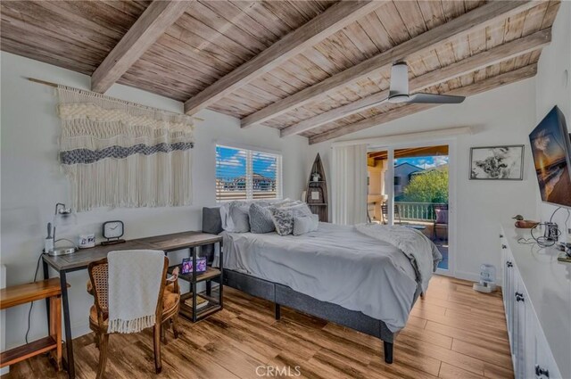 bedroom with wood ceiling, ceiling fan, beam ceiling, light hardwood / wood-style flooring, and access to outside