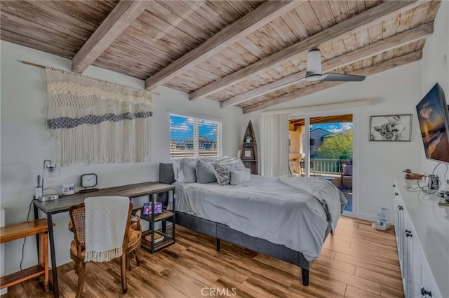 bedroom with light wood-type flooring, vaulted ceiling with beams, access to exterior, and wood ceiling