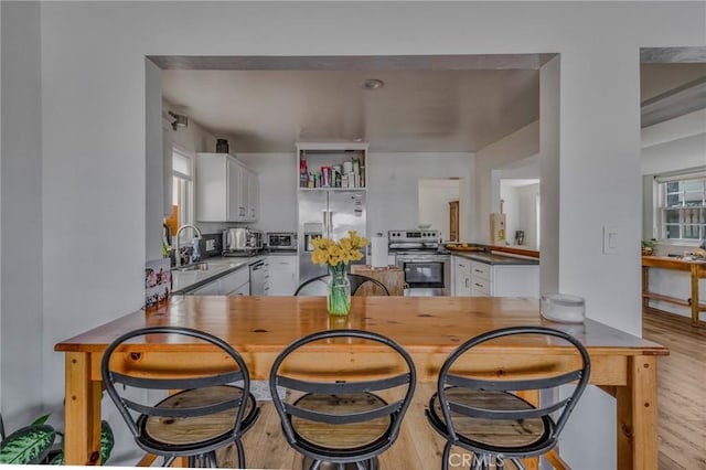 kitchen with white cabinetry, stainless steel appliances, and kitchen peninsula