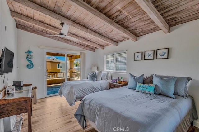 bedroom featuring lofted ceiling with beams, ceiling fan, access to exterior, and wood ceiling