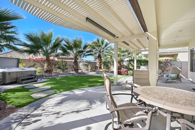 view of patio / terrace featuring a hot tub and a pergola