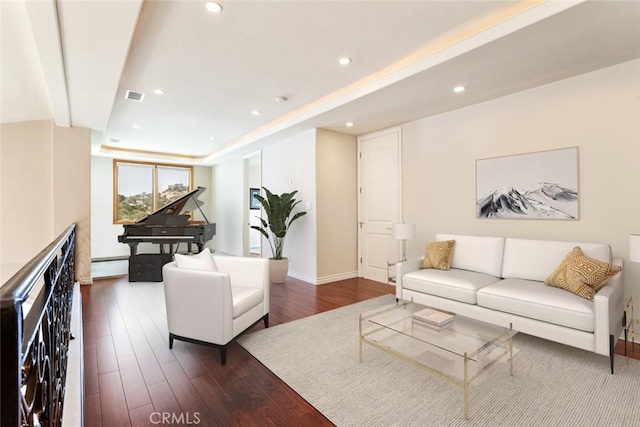 living room featuring dark wood-type flooring