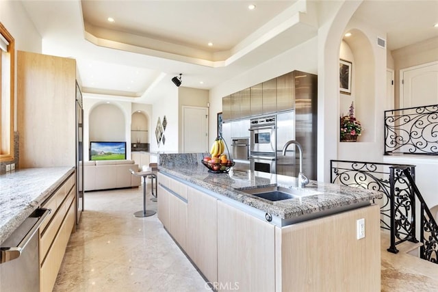 kitchen with sink, stainless steel appliances, a raised ceiling, light stone countertops, and a kitchen island with sink