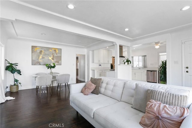 living room with sink and dark hardwood / wood-style flooring