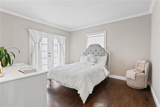 bedroom with french doors, ornamental molding, dark hardwood / wood-style floors, and multiple windows