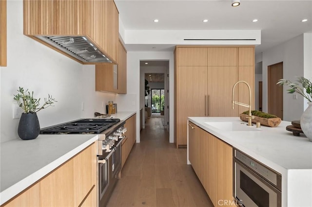 kitchen featuring modern cabinets, a sink, light countertops, light wood-style floors, and stainless steel appliances
