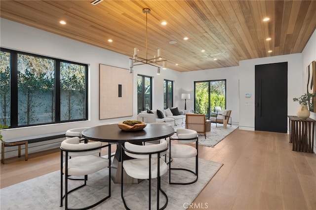 dining room with light wood finished floors, recessed lighting, and wood ceiling