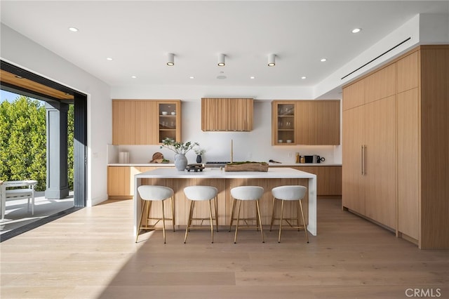 kitchen featuring light wood-type flooring, a breakfast bar, modern cabinets, and a kitchen island