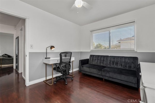 office featuring dark wood-type flooring and ceiling fan