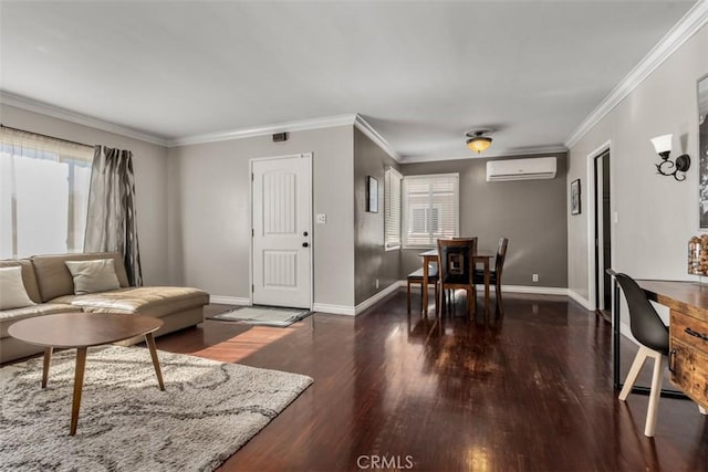 living room with dark hardwood / wood-style flooring, crown molding, and an AC wall unit