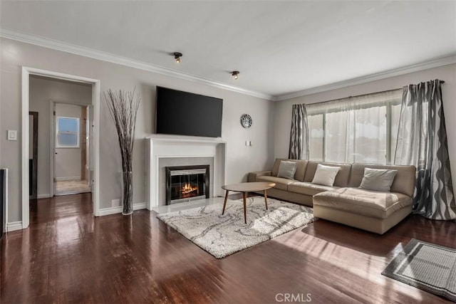 living room with ornamental molding and dark hardwood / wood-style floors