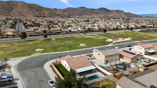 drone / aerial view featuring a mountain view