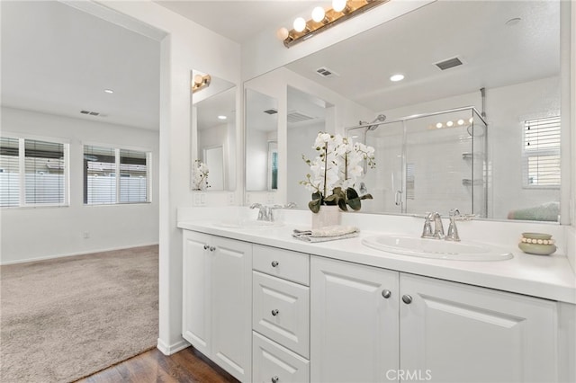 bathroom with vanity and an enclosed shower