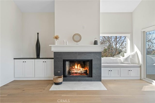 interior details featuring hardwood / wood-style floors and a tile fireplace