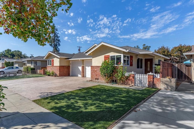 ranch-style house with a front yard and a garage