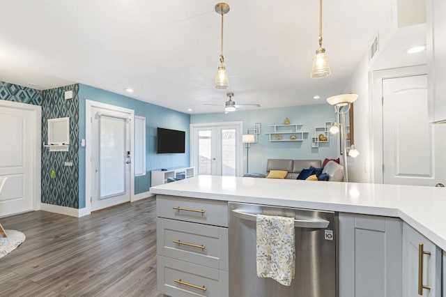 kitchen with dishwasher, gray cabinets, hanging light fixtures, ceiling fan, and french doors