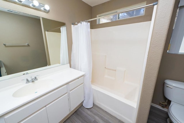 full bathroom with toilet, shower / bath combination with curtain, wood-type flooring, and vanity