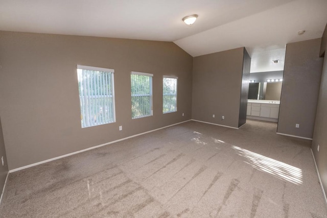 interior space with lofted ceiling and light carpet