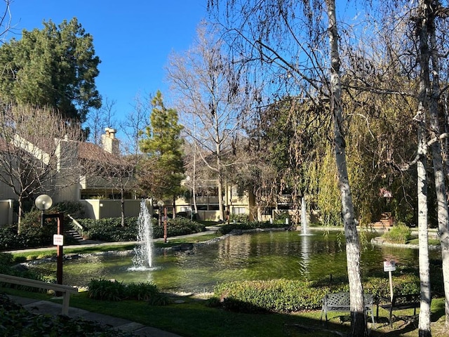 view of community with a water view