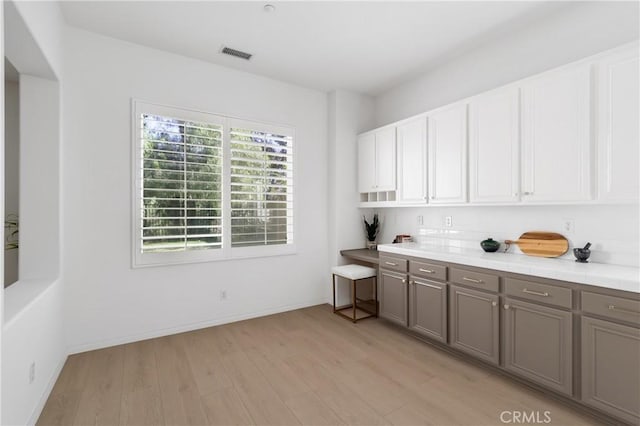 interior space featuring light hardwood / wood-style flooring, gray cabinetry, and white cabinetry