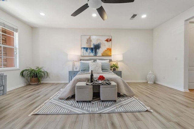 bedroom featuring ceiling fan and light hardwood / wood-style flooring