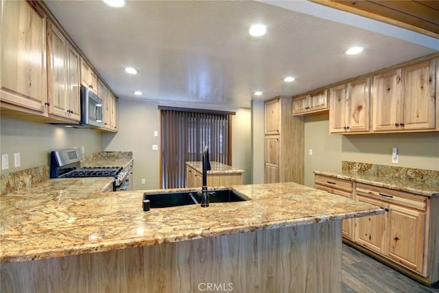 kitchen with appliances with stainless steel finishes, kitchen peninsula, dark hardwood / wood-style flooring, light brown cabinets, and sink