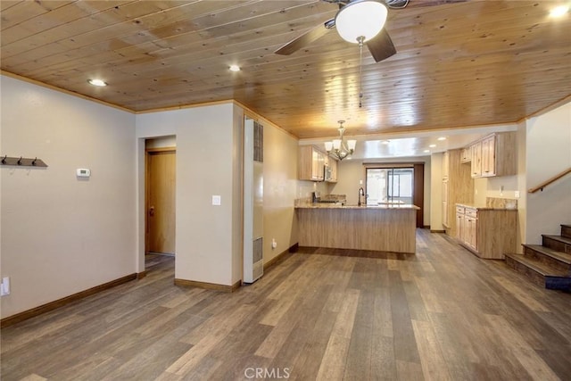 kitchen with sink, hardwood / wood-style flooring, wood ceiling, and kitchen peninsula