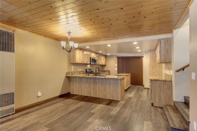 kitchen featuring wooden ceiling, wood-type flooring, kitchen peninsula, pendant lighting, and sink