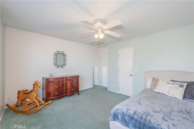 carpeted bedroom with ceiling fan